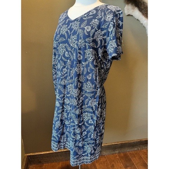 Pure Jill Dress M Navy Floral Print Buttoned Back T Shirt Short Sleeve V Neck - Picture 1 of 8